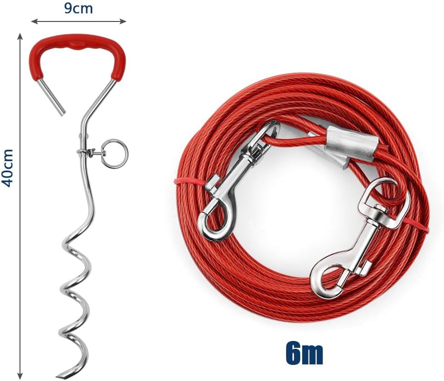 Piquet Ancrage Spirale Attache Longe Chien, Laisses d'attache Robuste pour Chien, Piquets d'attache Trousse pour Chiens avec Piquet et 6m Câbles d'attache pour Chien pour Cour, Jardin, Camping