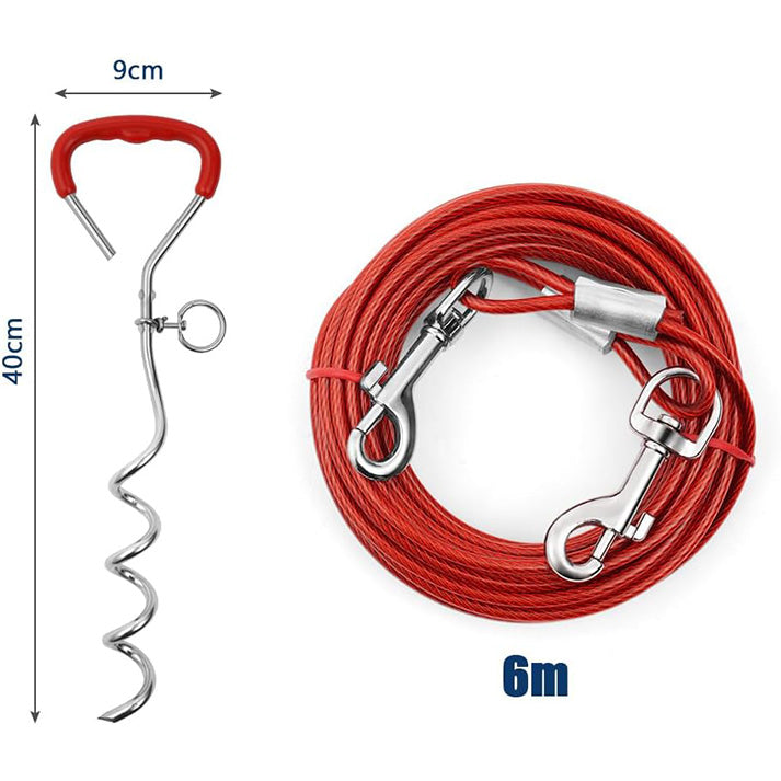 Piquet Ancrage Spirale Attache Longe Chien, Laisses d'attache Robuste pour Chien, Piquets d'attache Trousse pour Chiens avec Piquet et 6m Câbles d'attache pour Chien pour Cour, Jardin, Camping
