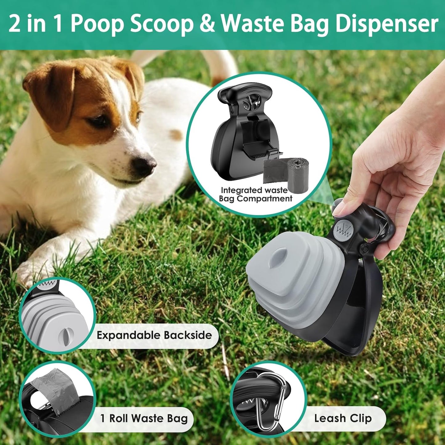 Pet Pooper Scooper, Portable Poop Scoop pour Chien Chat avec Distributeur de Sac, Portable Outil De Nettoyage de Pelles pour Animaux pour Maison ou Extérieur (6 Rouleau de Sacs à Déchets Inclus)