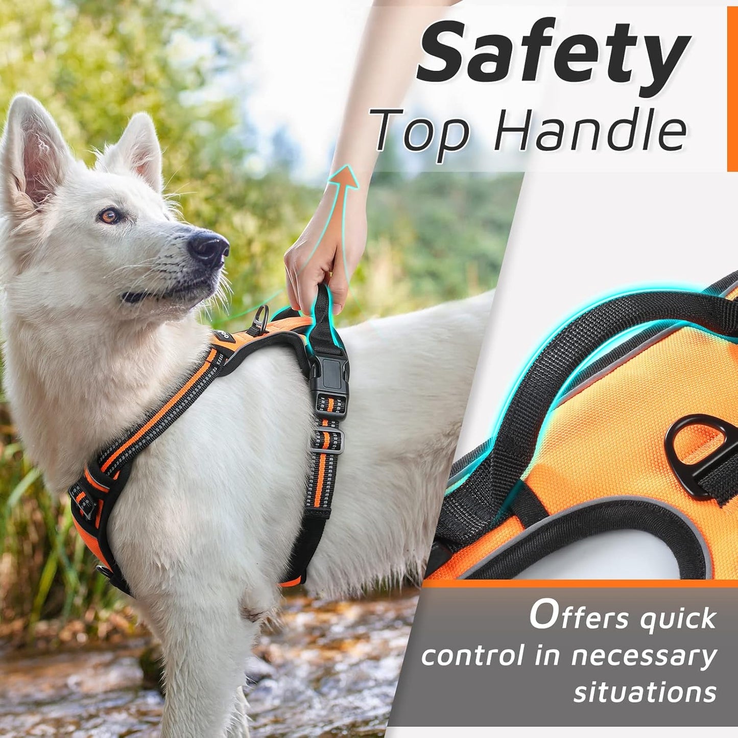 Harnais Chien, Harnais Anti Traction Réfléchissant pour Petit Chien Réglable, Facile à Mettre, Arnet pour Chien pour Randonnée Trajet Respirant Solide, avec Poignée Contrôle, Orange, M