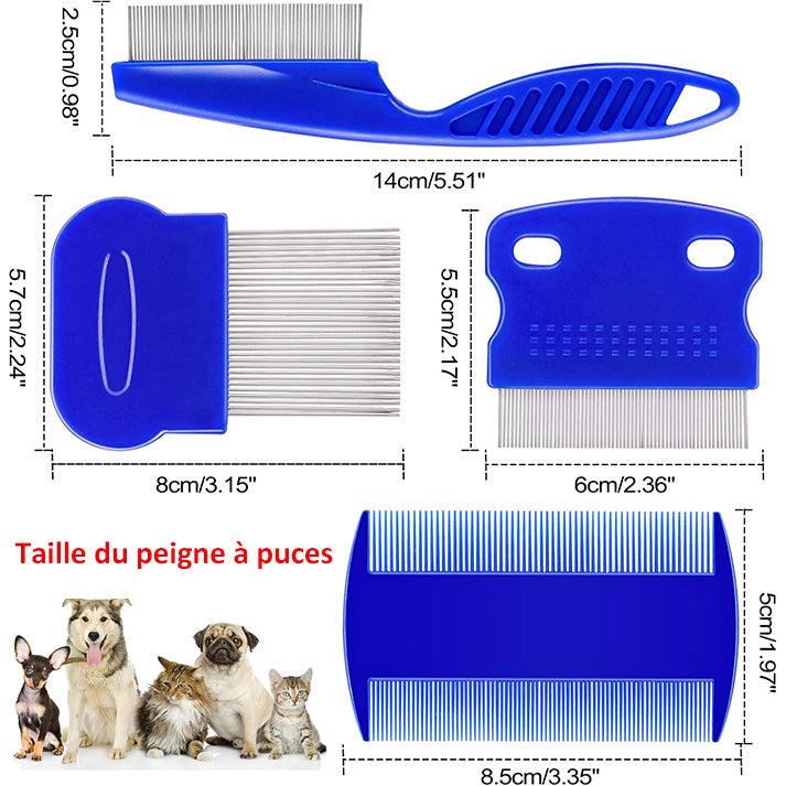 4 Peignes anti-puces, peignes en acier inoxydable double face pour enlever les taches de larmes, peigne doux pour enlever les nœuds et les enchevêtrements, outil de démêlage pour les petits