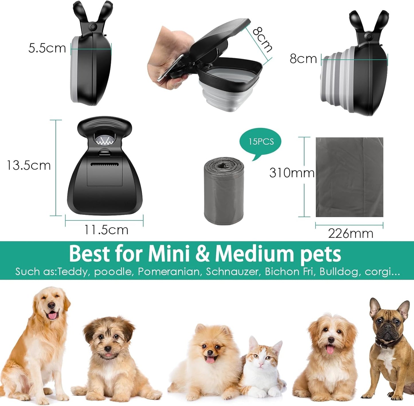 Pet Pooper Scooper, Portable Poop Scoop pour Chien Chat avec Distributeur de Sac, Portable Outil De Nettoyage de Pelles pour Animaux pour Maison ou Extérieur (6 Rouleau de Sacs à Déchets Inclus)