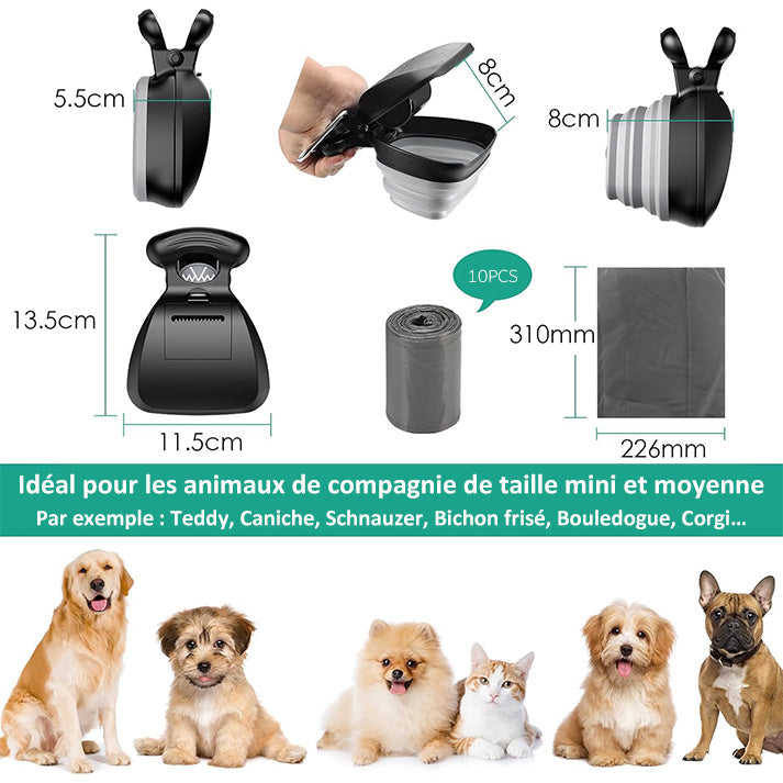 Pet Pooper Scooper, Portable Poop Scoop pour Chien Chat avec Distributeur de Sac, Portable Outil De Nettoyage de Pelles pour Animaux pour Maison ou Extérieur (6 Rouleau de Sacs à Déchets Inclus)