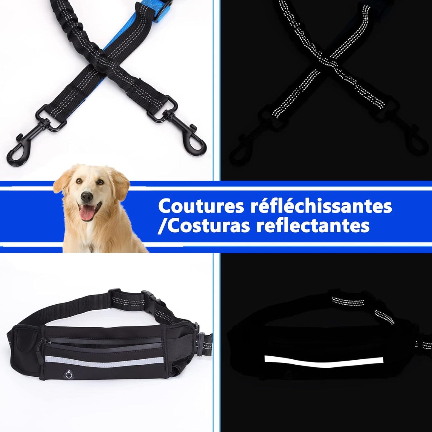 Laisse de Chien Main Libre, avec Une Ceinture Réglable à Fixer à La Taille pour Jogging, Absorption de Choc, Harnais avec Couture Réfléchissante