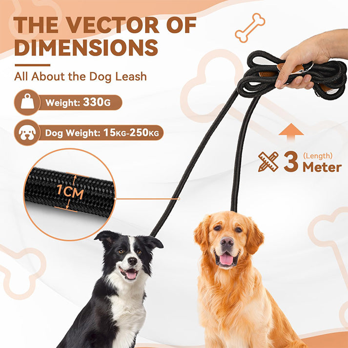 Laisse Réglable 3 m, Laisse Multifonctionnelle 3 Points Robuste pour 2 Chien, Longe pour Chien de Petite à Grande Taille pour Promenade, Dressage, Entraînement
