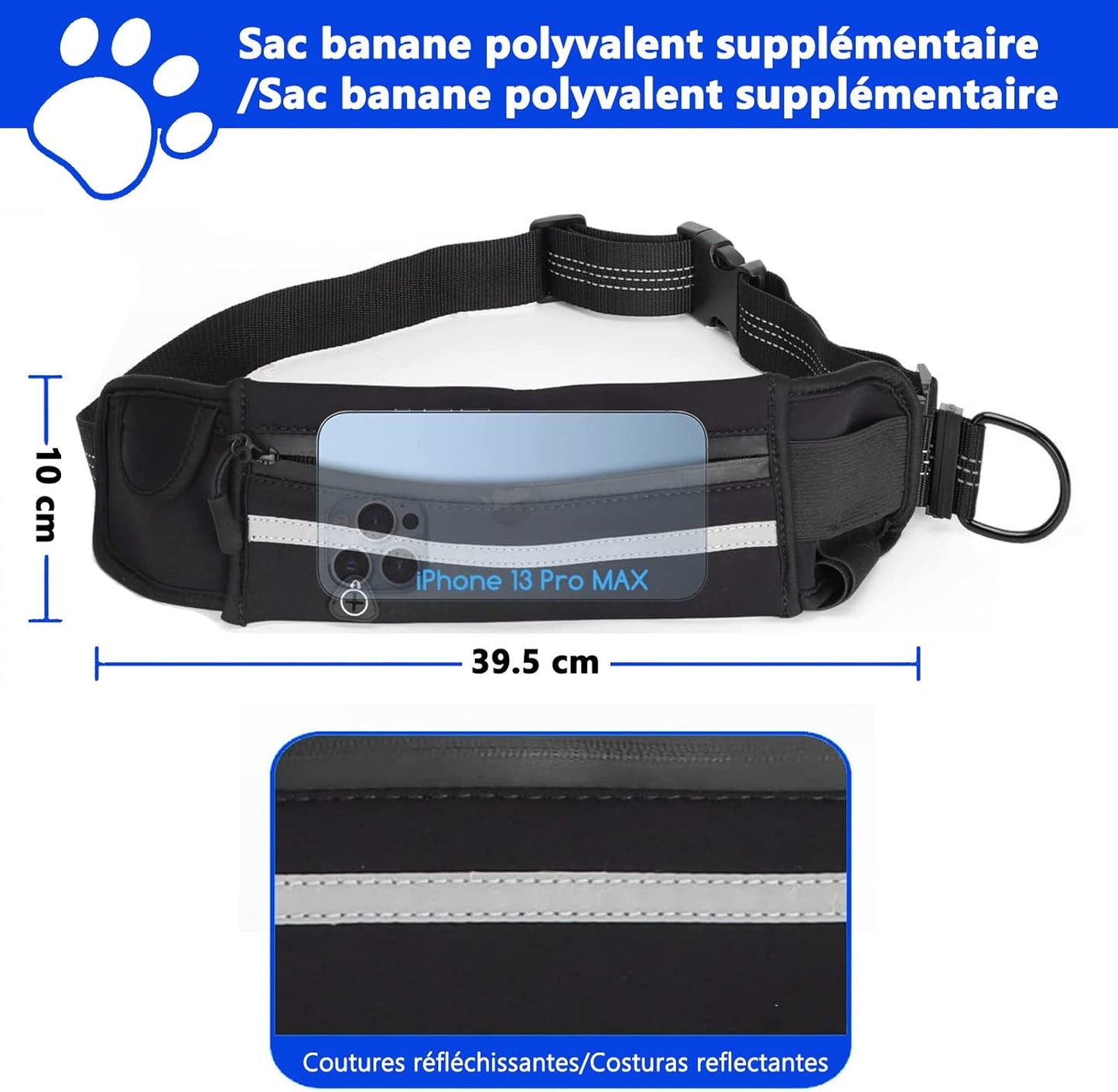 Laisse de Chien Main Libre, avec Une Ceinture Réglable à Fixer à La Taille pour Jogging, Absorption de Choc, Harnais avec Couture Réfléchissante