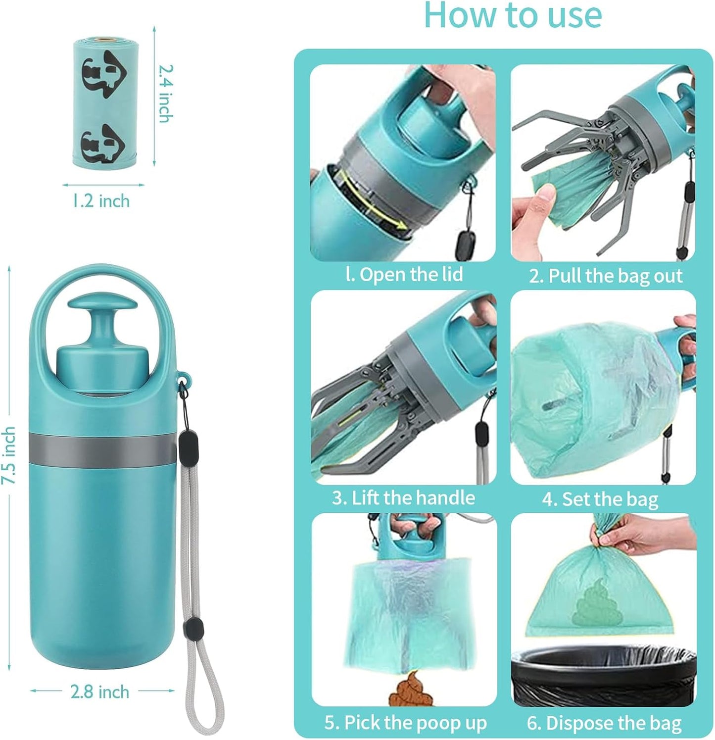Pooper Scooper, No Touch Poop Scooper Portable pour Petits, Moyens et Grands Chiens, ramasseur de déjections Canines avec 15PCS de sachets et Poubelle Anti-Fuite