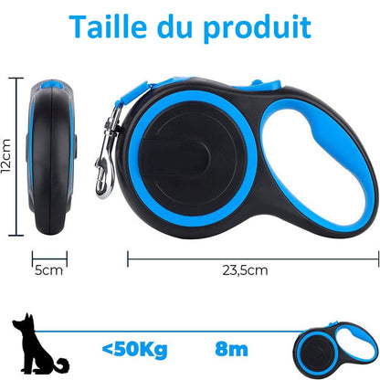 Laisse Chien, Enrouleur, Extensible, Rétractable, Laisse Flexible de Dressage et de Promenade, pour Petits, Moyens et Grands Chiens (Bleu, 8 Mètres)