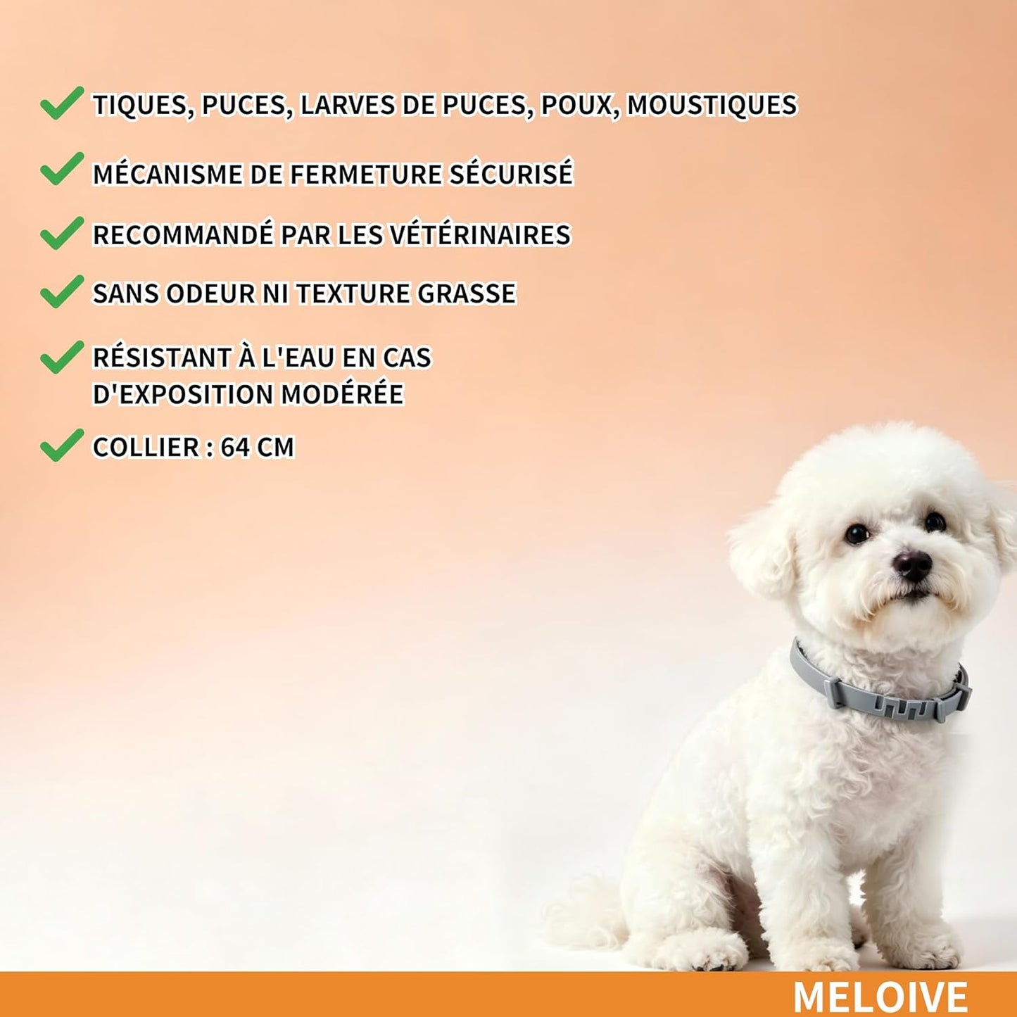 Collier Antipuces et Anti-tiques pour Chiens, 2 Pièces, Traitement Naturel et Jusqu'à 8 Mois de Prévention Contre Les Puces et Les Tiques pour Chiens, Taille Ajustable de 64cm, Étanche