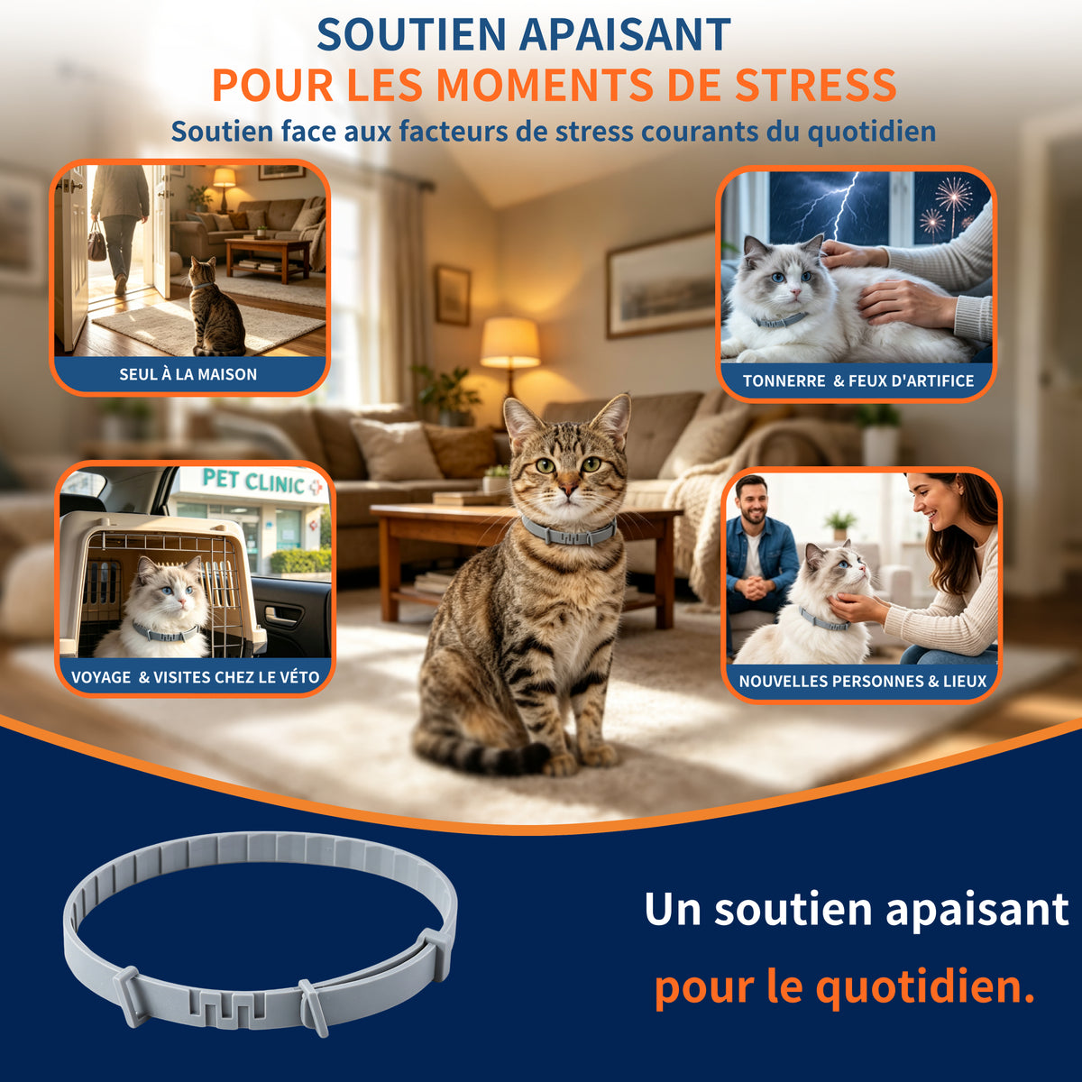 Collier Apaisant Anti‑Puces et Tiques pour Chat, Traitement Naturel,Jusqu'à 8 Mois de Prévention Puces et Tiques, Soutien Apaisant Contre Stress et Comportements Indésirables, Taille Ajustable