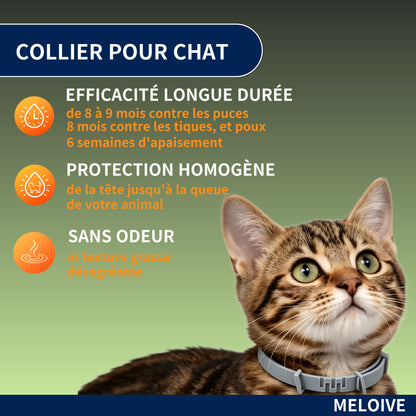 Collier Apaisant Anti‑Puces et Tiques pour Chat, Traitement Naturel,Jusqu'à 8 Mois de Prévention Puces et Tiques, Soutien Apaisant Contre Stress et Comportements Indésirables, Taille Ajustable