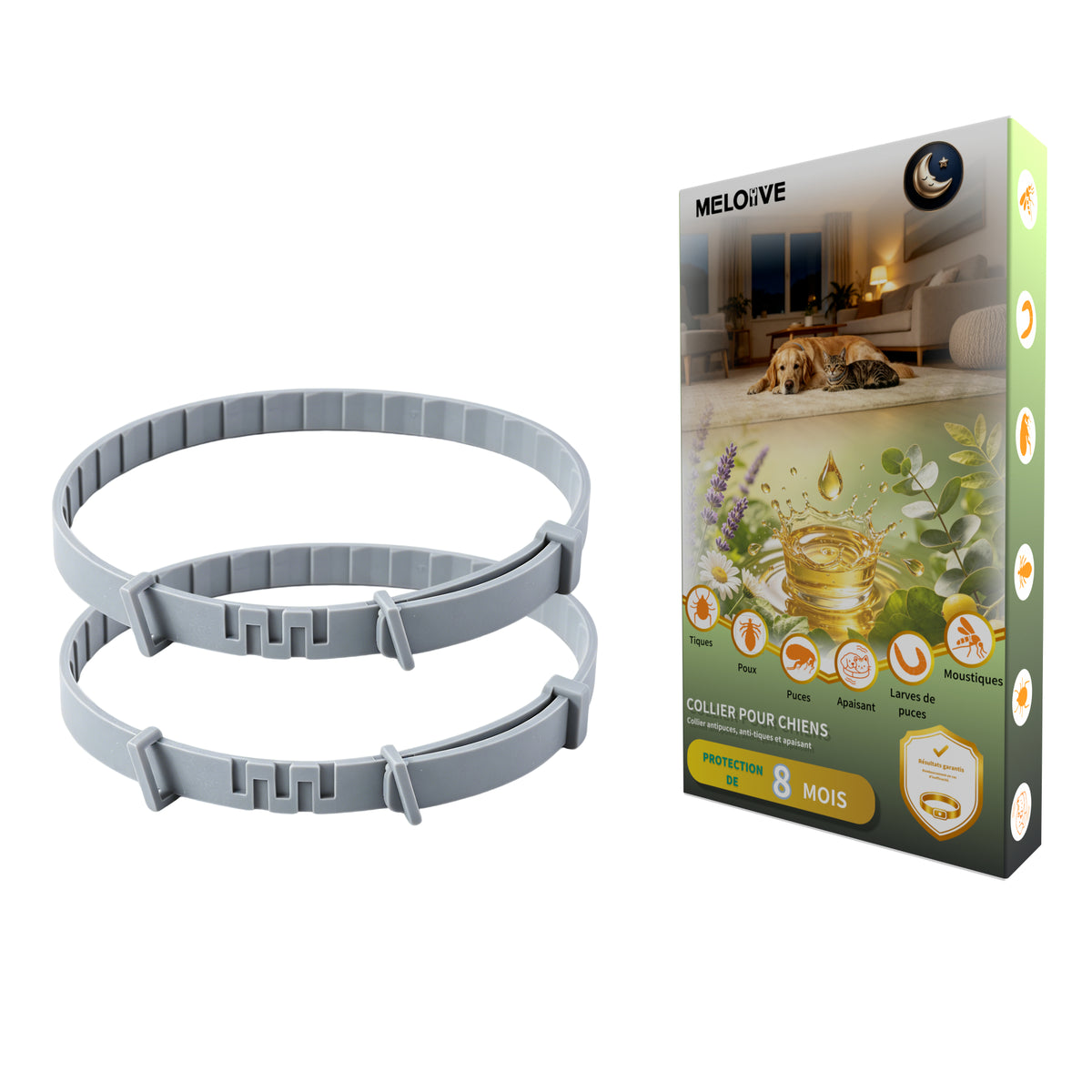 Collier Apaisant Anti‑Puces et Tiques pour Chien,Traitement Naturel,Jusqu'à 8 Mois de Prévention Puces et Tiques, Soutien Apaisant Contre Stress et Comportements Indésirables, Taille Ajustable
