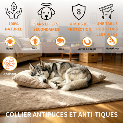 Collier Apaisant Anti‑Puces et Tiques pour Chien,Traitement Naturel,Jusqu'à 8 Mois de Prévention Puces et Tiques, Soutien Apaisant Contre Stress et Comportements Indésirables, Taille Ajustable