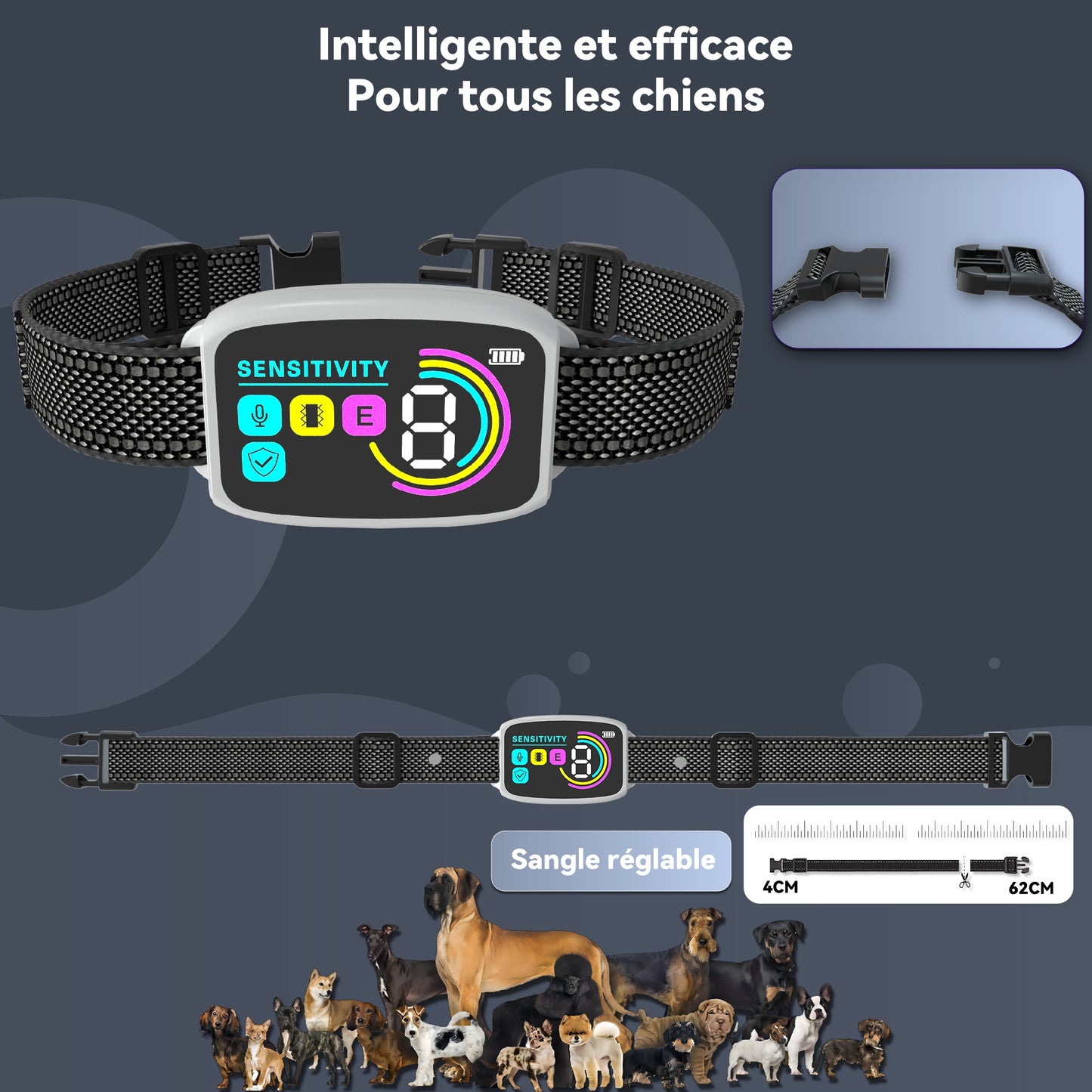 Collier Anti Aboiement Chien Automatique,Collier Choc,Blanc-M773W