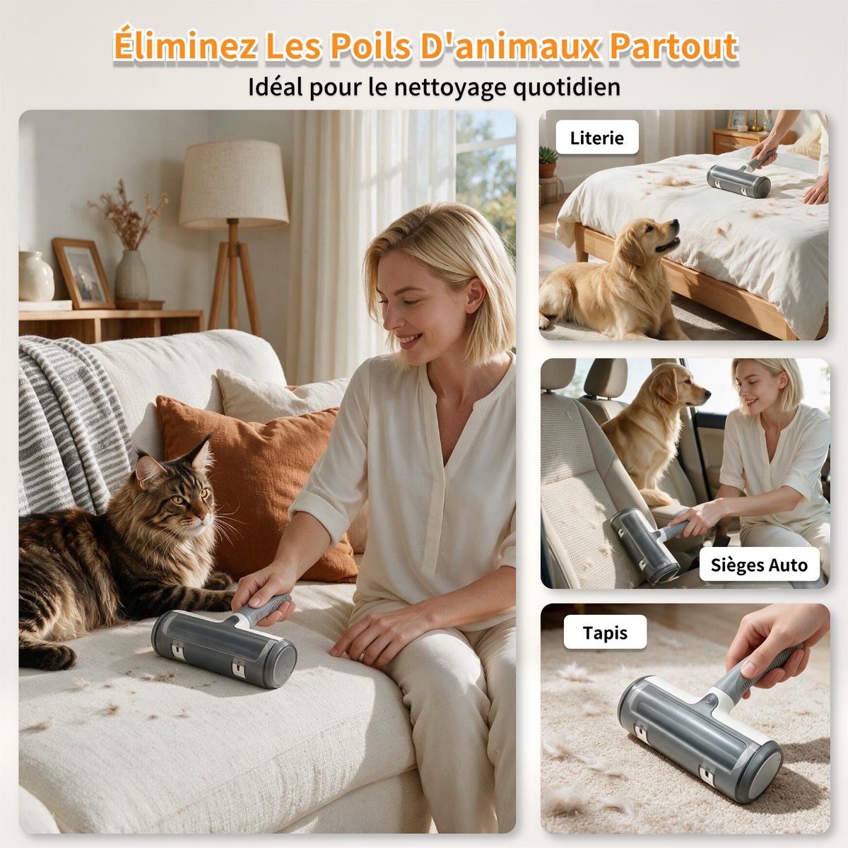 Brosse Anti Poils Animaux pour Chat Chien, Brosse de Nettoyage Magique Réutilisable pour Eliminer les Poils D'animaux sur les Canapés,Tapis,Literie,Vêtements