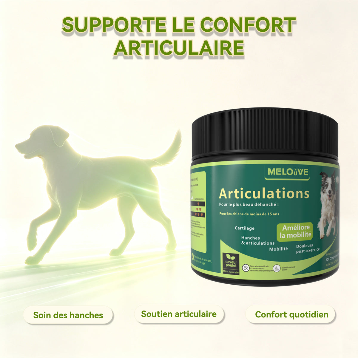 Complément Alimentaire Articulation pour Chien, Anti-Arthrose,Soutien Articulaire Premium | Glucosamine, Chondroïtine, MSM, Moules vertes, Acide Hyaluronique | 120 Bouchées Molles