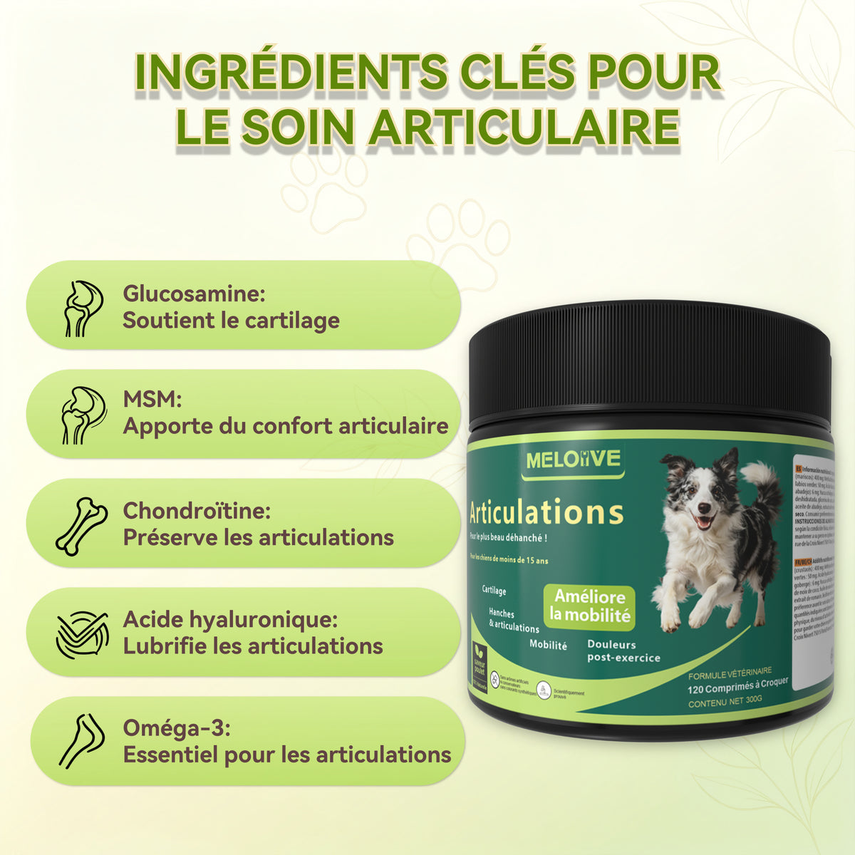 Complément Alimentaire Articulation pour Chien, Anti-Arthrose,Soutien Articulaire Premium | Glucosamine, Chondroïtine, MSM, Moules vertes, Acide Hyaluronique | 120 Bouchées Molles