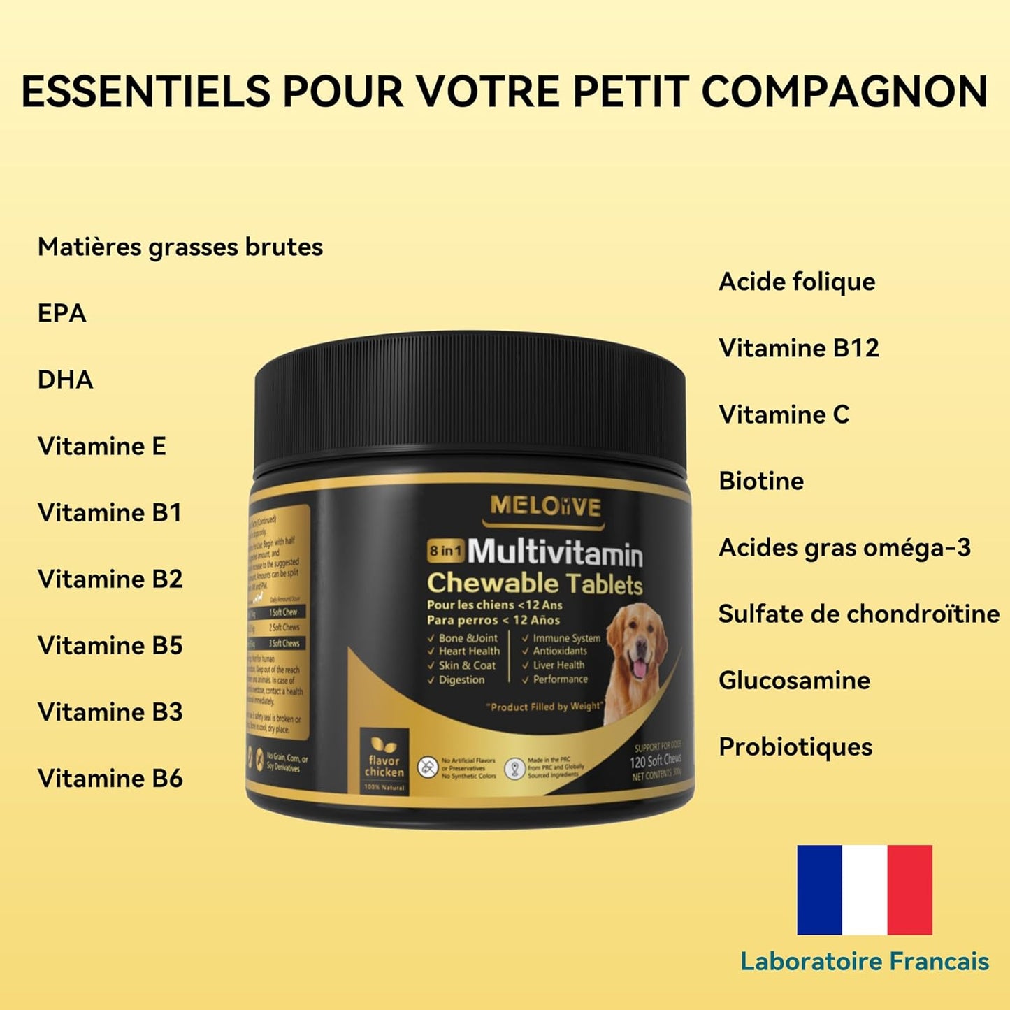 8 en 1 Multivitamines pour Chien | Compléments Alimentaires Premium pour Chiens | Au Poulet | 120 Comprimés