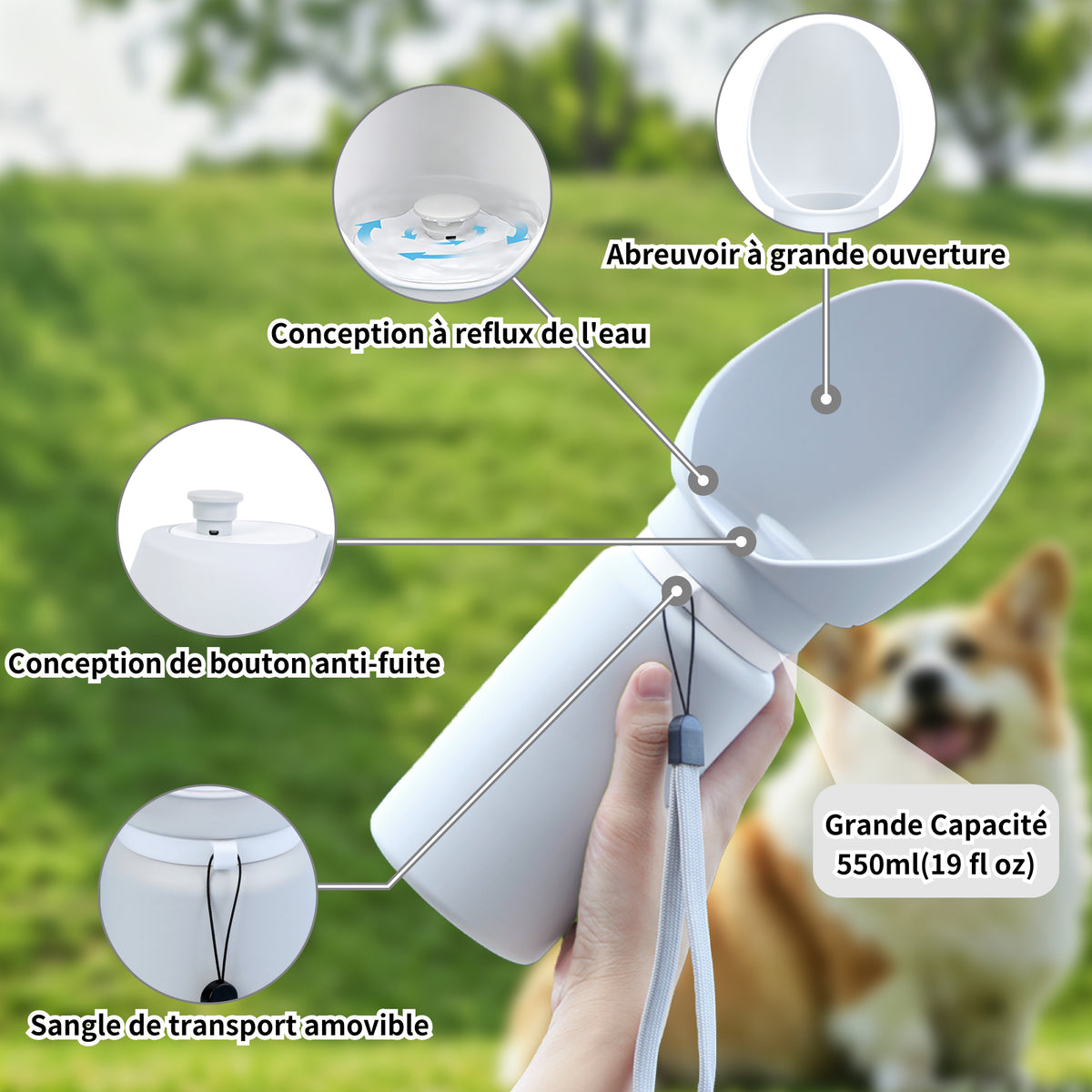 Bouteille d'eau pour Chien 550ml,Gourde pour Chien avec Bol Intégré,Distributeur d'eau Portable de Qualité Alimentaire pour Chien et Chat, Gourde pour Animaux de Compagnie en Plein Air
